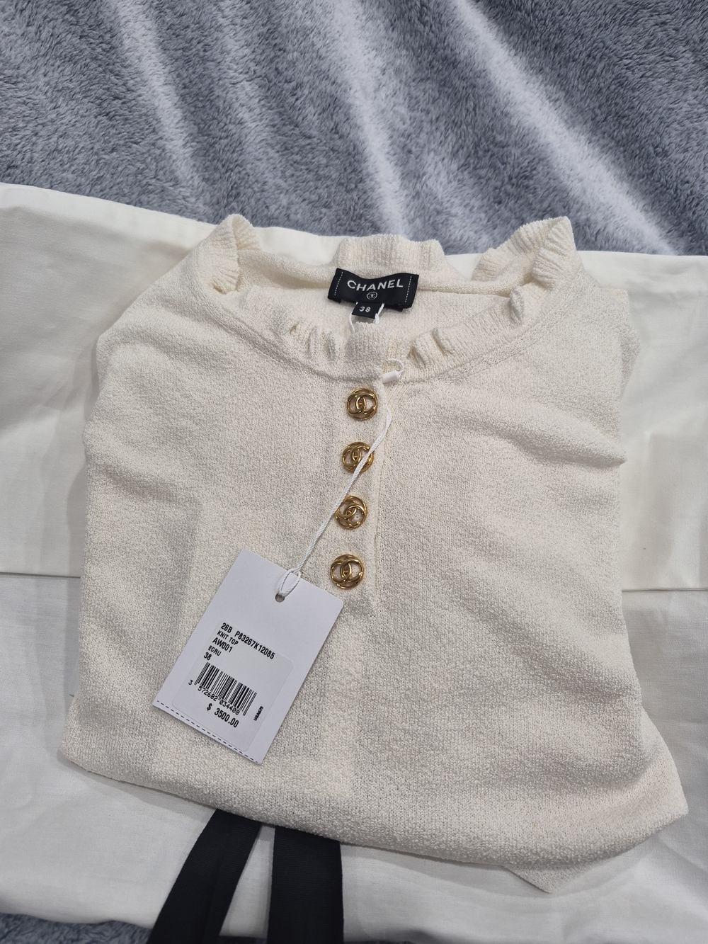 Chanel Cream Ruffle Henley Top with Gold Buttons